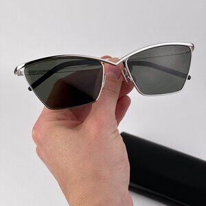 Saint Laurent SL637 002 Women’s Cat Eye Sunglasses Silver Frame Grey Lenses